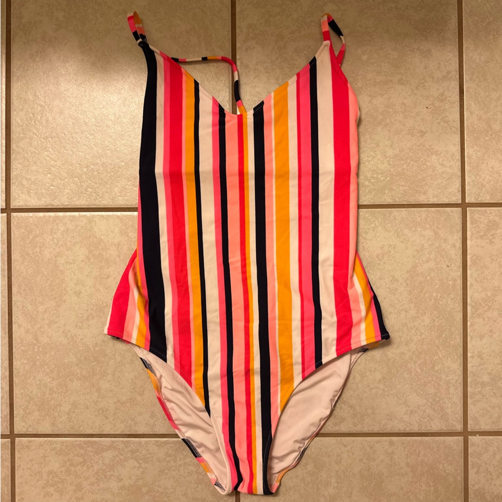 Aerie One Piece Full Coverage, Neon Striped, Size Medium